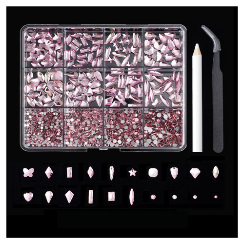 (Light Pink) Shiny Nail Rhinestones Kit with Storage Box