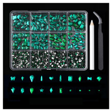 (Dark Green) Shiny Nail Rhinestones Kit with Storage Box