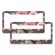 Red Rose License Plate Cover with Green Leaves Aluminum