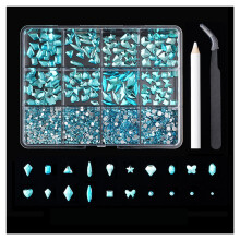 (Lake Blue) Shiny Nail Rhinestones Kit with Storage Box