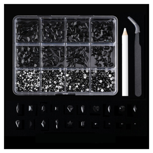 (Black) Shiny Nail Rhinestones Kit with Storage Box