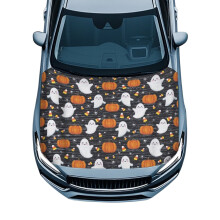 Car Hood Cover – Stretch Polyester, Removable, Compatible with Most Cars, Halloween Pumpkin/Ghost Design
