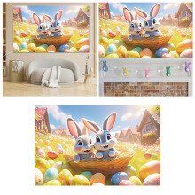 Húsvéti parti banner – 105x183 cm, nyúl és színes tojások dizájnnal, kerti/fotó háttérrel, húsvéti dekorációval kompatibilis
