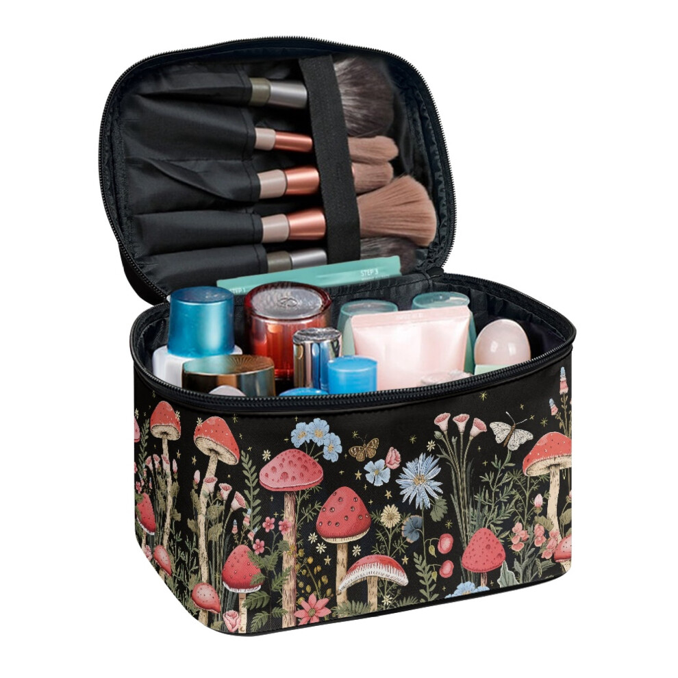 Travel Makeup Bags for Cosmetics Makeup Brushe Handheld Mushroom and Butterfly Pattern Double Zipper Unisex
