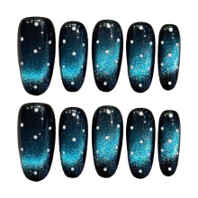 (1046 Long Oval, L) 10PCS Black Cat Eye Press On Nails with White Dots