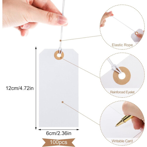 100pcs Large Price Tags with Elastic String White Hang Paper Tags with String Attached Reinforced Hole Writable 4.76''2.36'' 1