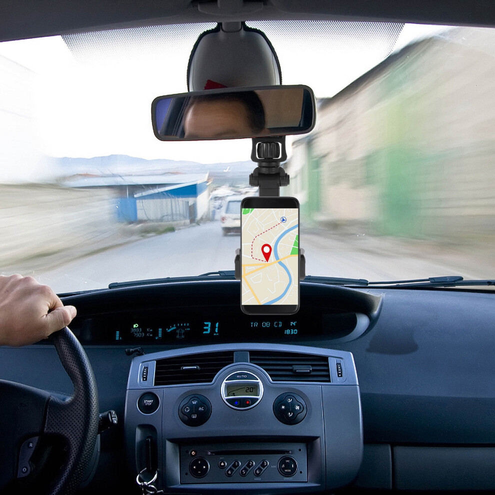 Rotatable Car Phone Stand For Rearview Mirror Use Abs Material Universal Navigator Rack 3.5 Inch To 6.5 Inch Black 9341593680660