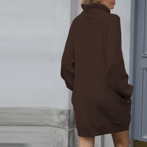 Women's Turtleneck Sweater-Oversized Sweater Loose Pullover Knit Dress(Brown) M 2