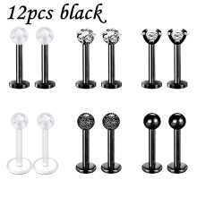 Piercings pour les lèvres 16G en acier inoxydable avec zircon cubique (labret, tragus, hélix) - Lot de 12 - Noir