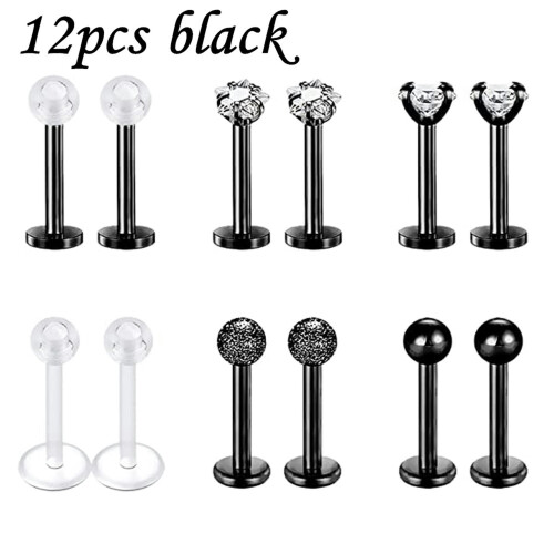 16G læbestifter rustfrit stål CZ Labret læbepiercing Tragus Helix øreringe - 12 stk. - sort