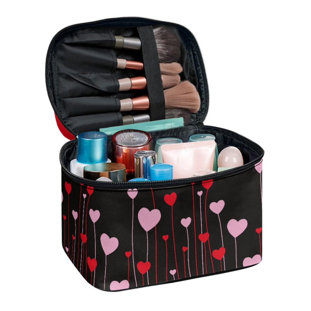 Travel cosmetic bag with brush storage and heart pattern