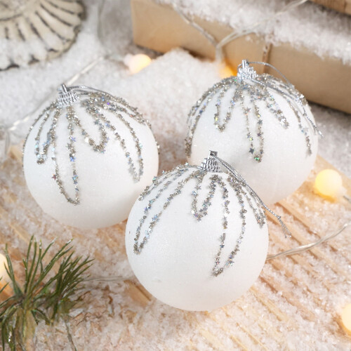 White Shatterproof Christmas Baubles, 8cm Plastic Ornaments