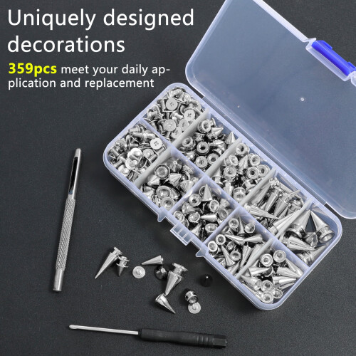 Κιτ Ikopy359 τεμαχίων Punk Spikes & Studs – Ασημένια πριτσίνια από κράμα ψευδαργύρου, 8 2