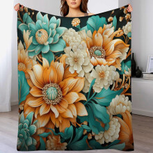 Garden Flower Throw Blanket – Teal & Orange Soft Fleece, 60"x80", Cozy Flannel for Couch, Bed, Sofa – Kids & Adults
