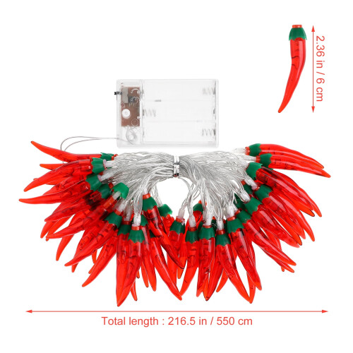 Chili Pepper LED String Lights for Decoration Red Plastic 5 Meter Long Battery Operated 1