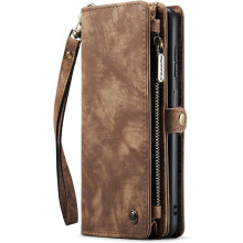 2-in-1 Leather Wallet Case Compatible with Samsung Galaxy S21 – Magnetic, Zipper, 10 Card Slots, Detachable Clutch Purse – Brown