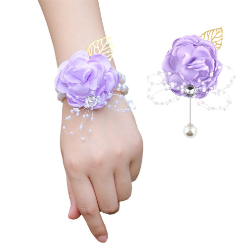 Purple Artificial Rose Wrist Corsage with Pearl 1