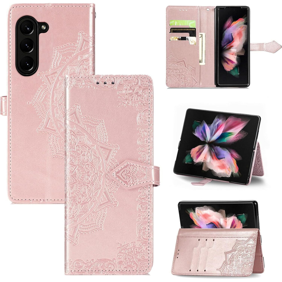 Wallet Case For Samsung Galaxy Z Fold 5 Â Leather, Magnetic Closure, Card Slots, Kickstand, Shockproof, Mandala Rose Gold 9180333274505