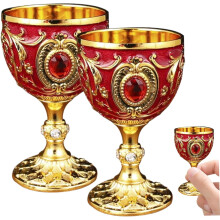 Luxury Vintage Wine Goblet Set of 2, 30ml Alloy with Rhinestones, Gold+Red – Compatible with European Tableware