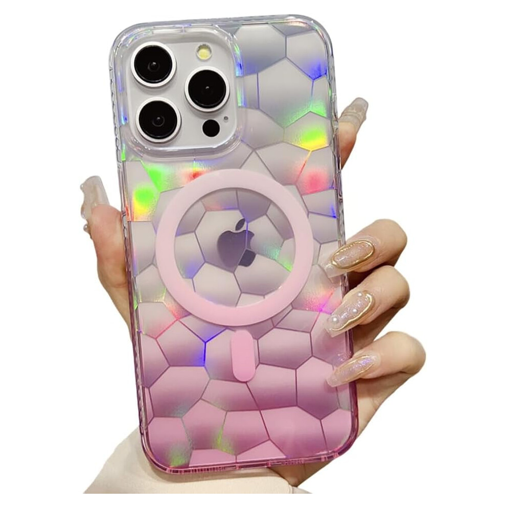 [Compatible With Magsafe] Clear Blu-Ray Gradient Rhombus Case With Lens Protection & Shockproof Soft Bumper For Iphone 12 (Pink) Pink 9180333274154