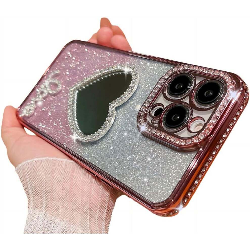 Glitter Crystal Rhinestone Love Heart Mirror Case For Iphone 12 Â Rose Soft Shockproof With Camera Lens Protection Gold 9365509587331