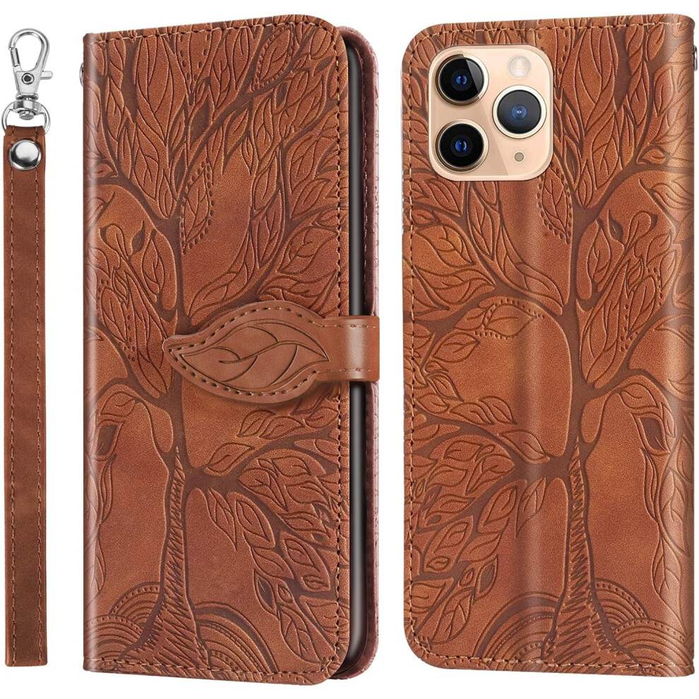 Leather Flip Wallet Case With Wrist Strap & Kickstand For Iphone 11 Pro Max Â Magnetic, Shockproof, Card Holder, Life Tree Brown 9426043665548