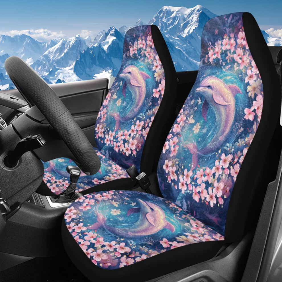 Fluffy Cherry Blossom Dolphin Car Seat Covers, High Back Bucket Front Set, Velvet, Compatible With Most Cars Coral 9426043665289