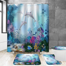Summer Beach Shower Curtain Set with Non-Slip Rug, U-Shaped Mat, Toilet Lid Cover & 12 Hooks – Starfish/Shell Design