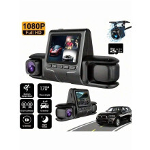 3-Channel Dash Cam for Cars, 1080P Full HD, 170 Wide Angle, IR Night Vision, G-Sensor, Loop Recording, 32GB SD Card Included—Compatible with All
