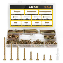240 PCS Wood Screws Assortment Kit – Flat Head, Phillips Drive, 8 Sizes (1/2”–2-1/2”), w/ Anchors, Yellow Zinc