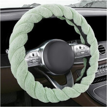 Fluffy 15" Anti-Slip D-Shaped Steering Wheel Cover – Soft Warm Plush Protector for Women & Girls, Car Accessories (Green), compatible with most cars