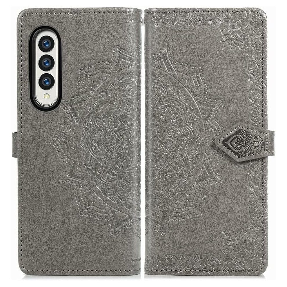 Leather Flip Wallet Case For Compatible With Samsung Galaxy Z Fold 4 Â Magnetic, Shockproof, Card Slots & Kickstand, Mandala Gray 9180333272655