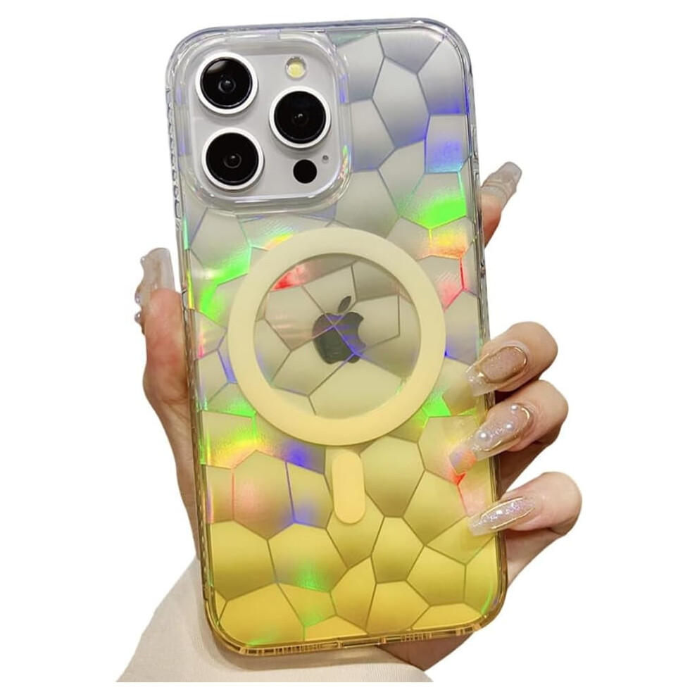 [Compatible With Magsafe] Clear Blu-Ray Gradient Rhombus Bumper Case With Lens Protection For Iphone 14 (Yellow) Yellow 9180333276455