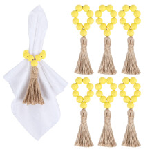 6 Pieces Wooden Bead Napkin Rings, Farmhouse Stretchable Napkin Rings for Dining Table