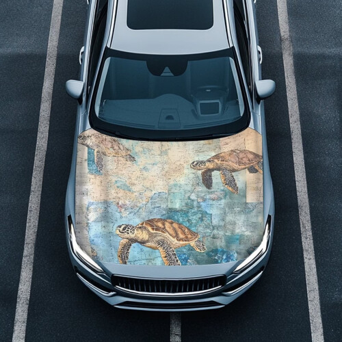 Vintage World Map Turtle Car Hood Cover Polyester
