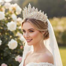 (Gold) Lightweight Baroque Bridal Crown - Alloy Crystal