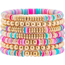 Surfer Heishi Clay Bead Bracelets for Women Bohemian Stackable Gold Beaded Stretch Bracelets Elastic Layering Friendship Bracelets Set Boho Jewelry