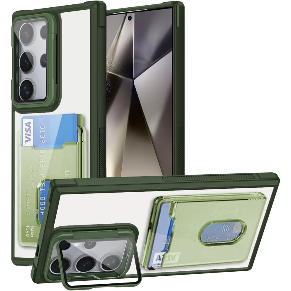 Military Grade Drop Wallet Case For Galaxy A34 5G Â Slim, Shockproof, Transparent With Lens Kickstand & Card Holder (Green) Green 9426043666668