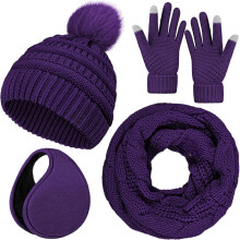 Winter Hat Scarf Gloves and Ear Warmer, Warm Knit Beanie Hat Touch Screen Gloves Set Winter Gifts Neck Scarves for Women
