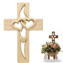 Handmade Wooden Cross with Intertwined Hearts, Hand-Carved Wall Decor for Wedding/Valentine/Christmas – Off-White