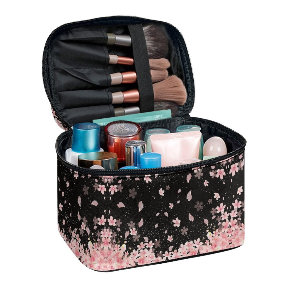 Cherry Blossom Pattern Travel Cosmetic Case Woman Multi-Function Makeup Organizer Fold Flat 8.86 x 6.5 x 5.9 Inches