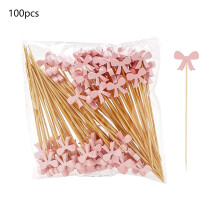 100Pcs Disposable Bow Bamboos Skewers Fruit Skewers Burger Sandwich Skewers Cocktail Garnish Skewers Sushi Skewers for Valentines Day(Pink)