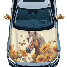 Horse Sunflower Butterfly 3-Pc Car Hood Cover Set + 2 Mirror Covers, Elastic Fabric, Easy Install, Compatible with Most Cars