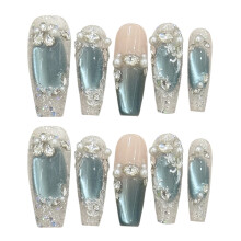 (2942) 10PCS Nude Fake Nails with Blue Cat Eyes, Salon Press Ons