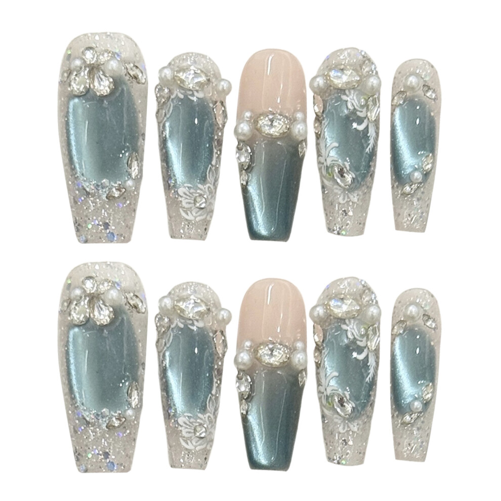 Roc-Electron (2942) 10Pcs Nude Fake Nails With Blue Cat Eyes, Salon Press Ons