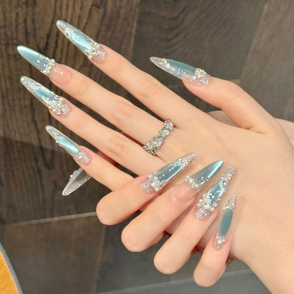 Penghui-Toys (2929) 10Pcs Nude Fake Nails With Blue Cat Eyes Reusable Long Lasting Press On Nails For Professional Nail Art Salon Supply