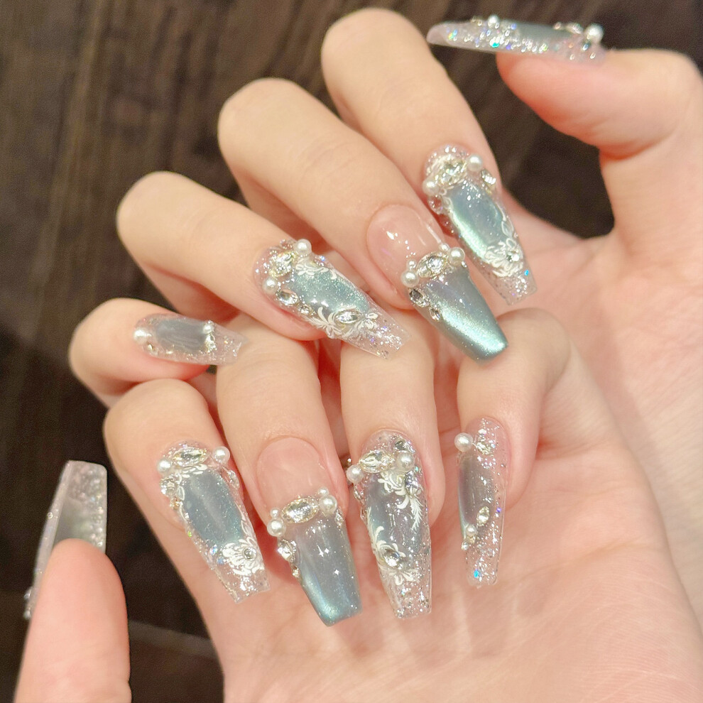 Roc-Electron (2942) 10Pcs Nude Fake Nails With Blue Cat Eyes, Salon Press Ons