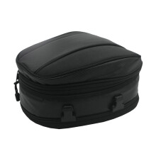 Bolsa negra para asiento trasero de motocicleta con cremalleras de bobina invertida para un uso suave.