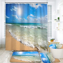 Summer Beach Shower Curtain Set with Non-Slip Rug, U-Shaped Mat, Toilet Lid Cover & 12 Hooks – Starfish/Shell Design