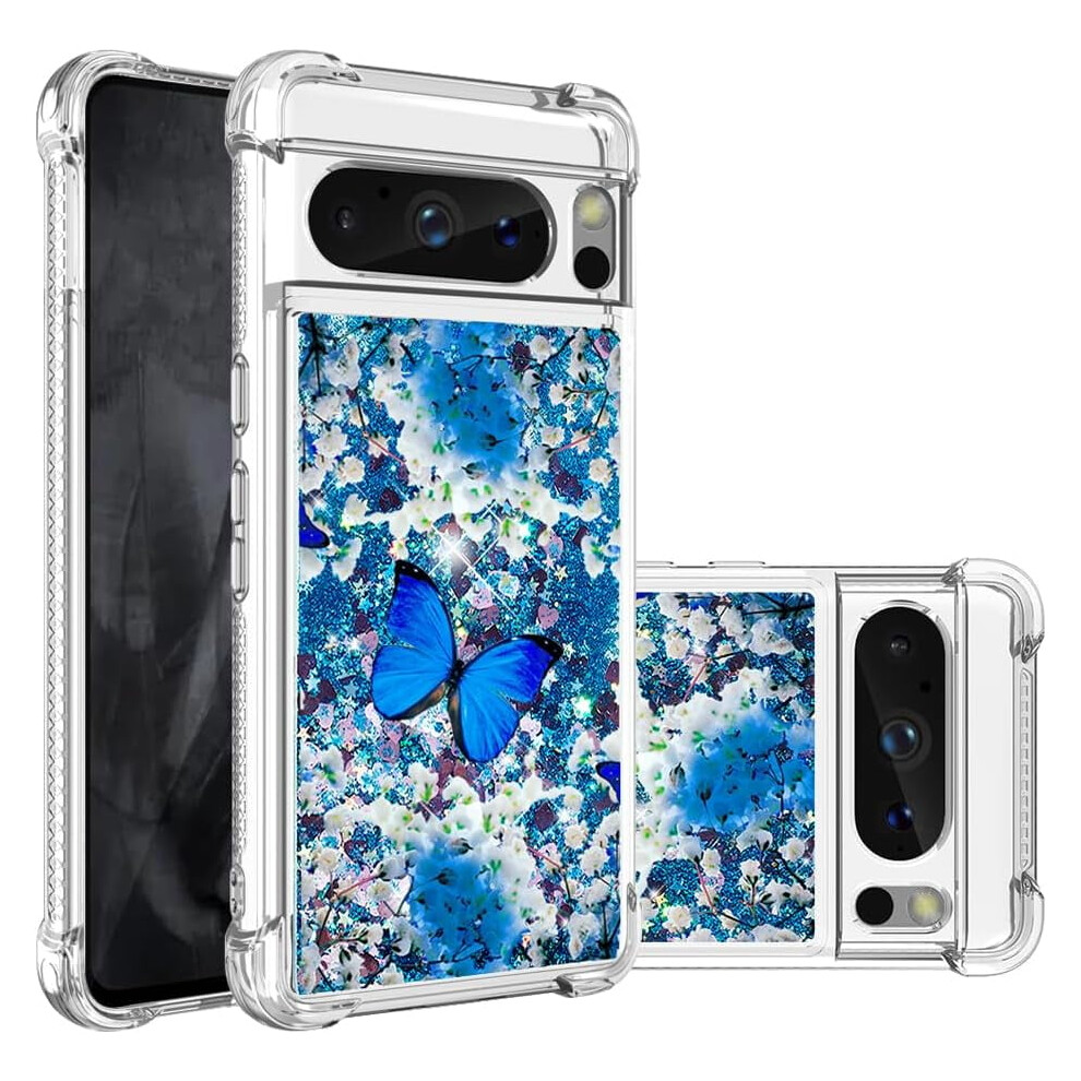 Compatible With Google Pixel 8 Pro – Slim Tpu Liquid Glitter Quicksand Sparkle Case, Shockproof & Stylish, Butterfly Design Blue 9043876435065